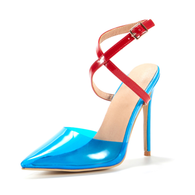 Blue&Red Clear Criss Cross Dress Heels D'orsay Pumps with Pointed Toe