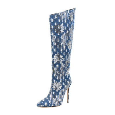 Blue Retro Sequined Flower Jeans Boots Stiletto Heel Knee High Boots