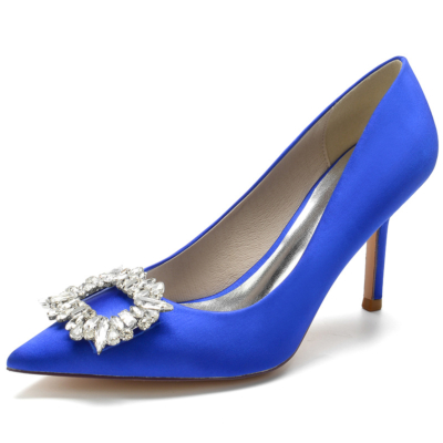 Blue Satin Wedding Shoes Pointed Toe Stiletto Heel Pumps