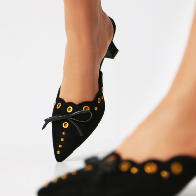 Black Bow Mules Pumps Spool Heel Hollow Out Slipper Shoes