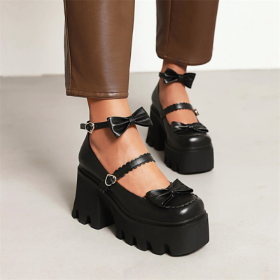 Black Matte Bow Platform Mary Jane Shoes Chunky Heels Three Strap Buckle Pumps