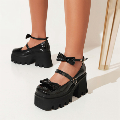 Black Patent Leather Bow Platform Mary Jane Shoes Chunky Heels Three Strap Buckle Pumps