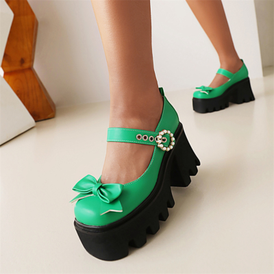 Green Bow Platform Mary Janes Chunky Heel Square Toe Pearl Buckle Gothic Pump