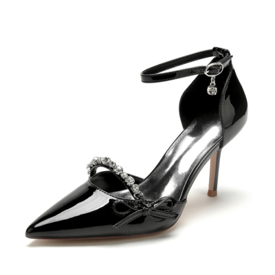 Black Bow Rhinestone Strap Pointed Toe Comfy D'orsay Pumps Stiletto Middle Heels