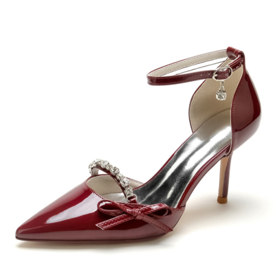 Burgundy Bow Rhinestone Strap Pointed Toe Comfy D'orsay Pumps Stiletto Middle Heels