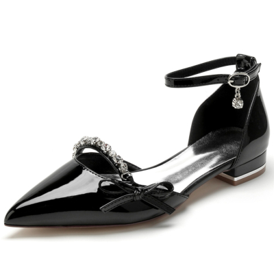 Black Bow Rhinestones D'orsay Flats Shoes Ankle Strap Dress Pumps