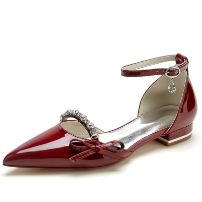 Burgundy Bow Rhinestones D'orsay Flats Shoes Ankle Strap Dress Pumps