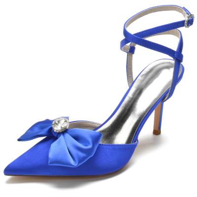Royal Blue Bow Slingback Heels Satin Stiletto High Heel Closed Toe Shoes