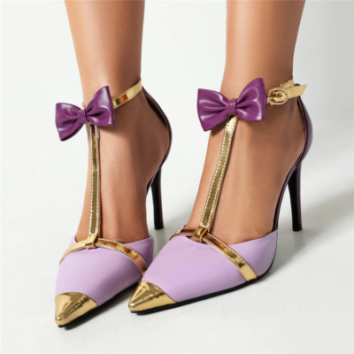 Purple Bow Stiletto Heels T-Strap D'orsay Color Block Pumps Dance Shoes