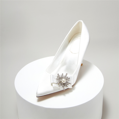 Bridal Rhinestone Embellished Stiletto Pumps Satin Pointy Toe Wedding Shoes