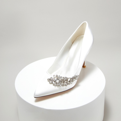 White Wedding Crystal Embellished Pointy Toe Stiletto Heels Satin Pumps Shoes for Women