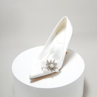 White Bridal Rhinestone Pearl Embellished Stiletto Pumps Satin Pointy Toe Wedding Shoes