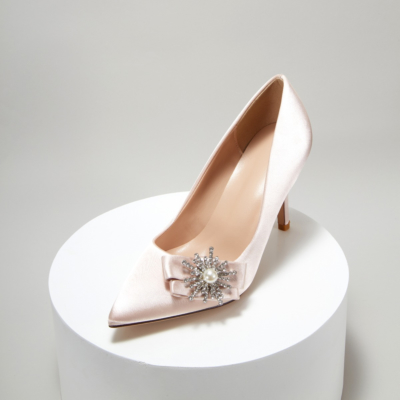 Champagne Bridal Rhinestone Pearl Embellished Stiletto Pumps Satin Pointy Toe Wedding Shoes