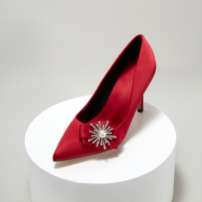 Red Bridal Crystal Pearl Embelishment Satin Pointy Toe Heeled Pump Shoes