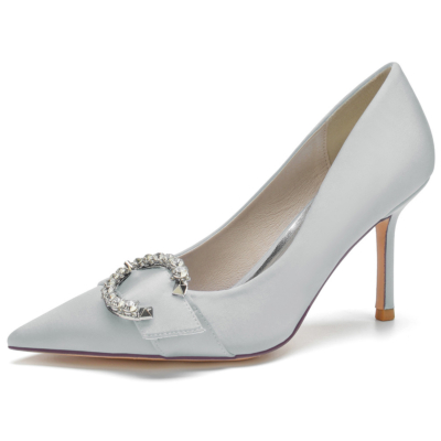 Grey Bridal Rhinestone Buckle Pumps Stiletto Heels Satin Shoes