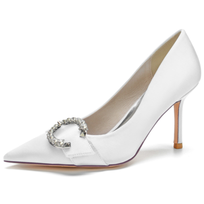 White Bridal Rhinestone Buckle Pumps Stiletto Heels Satin Shoes