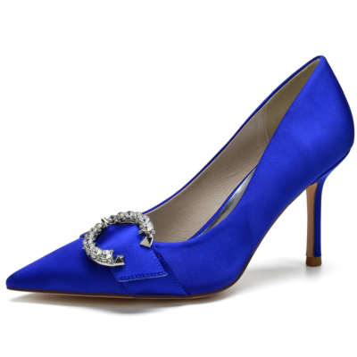 Royal Blue Bridal Rhinestone Buckle Pumps Stiletto Heels Satin Shoes