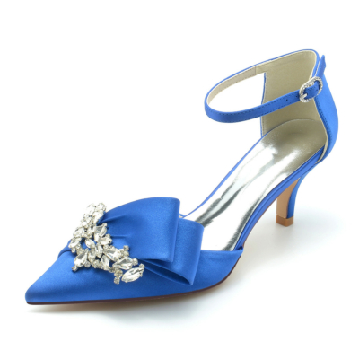 Royal Blue Bridal Satin Rhinestones Kitten Heels Ankle Strap Pumps