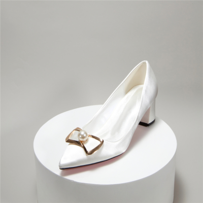 White Satin Bridal Bow Pearl Low Block Heel Closed Toe Wedding Shoes