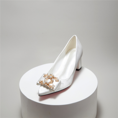 White Satin Bridal Pearl Crystals Low Block Heel Closed Toe Wedding Shoes