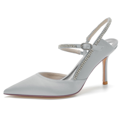 Silver Bride Satin Rhinestone Details Slingback Pumps Wedding Shoes