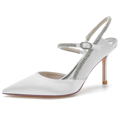 White Bride Satin Rhinestone Details Slingback Pumps Wedding Shoes