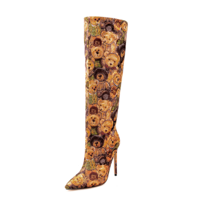 Brown Bear Prints Pointed Toe Pull On Knee High Boots Stiletto Heels