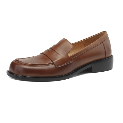 Brown Minimalist Leather Round Toe Loafer Shoes Flat Low Heel Shoes