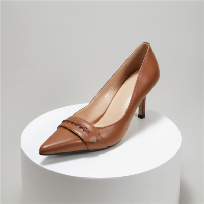 Brown Vintage Leather Pointy Toe Wooden Stilettos Heel Pumps Shoes