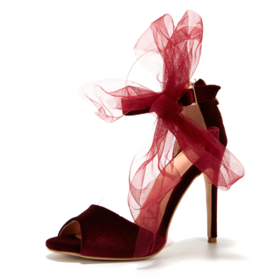 Burgundy Big Bow Sandals Heels Velvet Peep Toe Effortless Dress Shoes