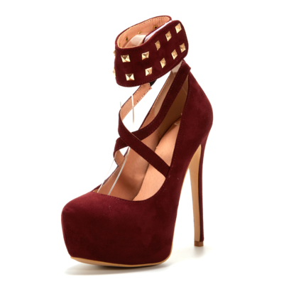 Burgundy Rivet Platform Pumps Stiletto Heels Criss Cross Ankle Strap Dress Shoes