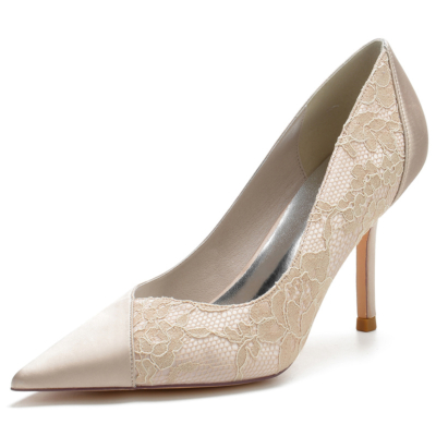 Champagne Satin Pointed Toe Stiletto Heel Wedding Pumps with Lace