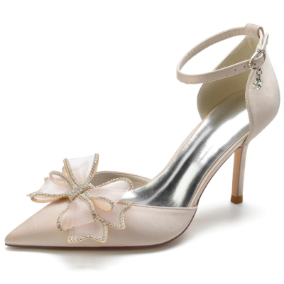 Satin Wedding Shoes Ankle Strap Pointed Toe Stiletto Pumps with Bow