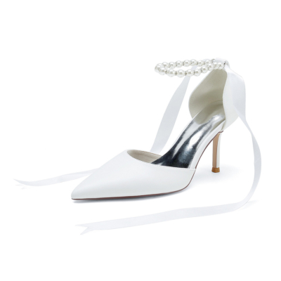 White Chic Pearl Ankle D'orsay Pumps Shoes Solid Stiletto Heels with Back Tie