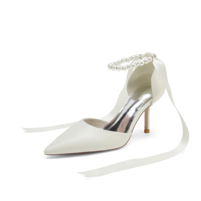 Beige Chic Pearl Ankle D'orsay Pumps Shoes Solid Stiletto Heels with Back Tie
