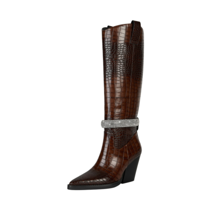 Chocolate-brown Crocodile Print Rhinestone Decorate Western Cowboy Boots