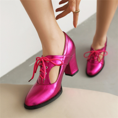 Magenta Chunky Heel Hollow Out Loafer Pumps Lace Up Women's Shoes