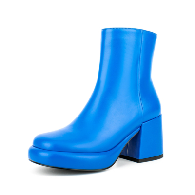 Blue Chunky Heel Platform Ankle Boots Almond Toe Dress Boots