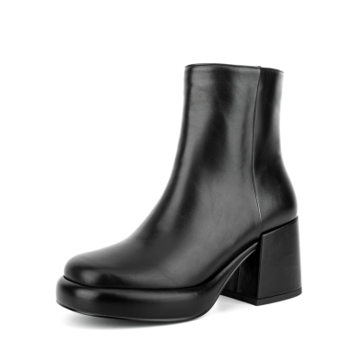 Black Chunky Heel Platform Ankle Boots Almond Toe Dress Boots
