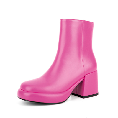 Fuchsia Chunky Heel Platform Ankle Boots Almond Toe Dress Boots