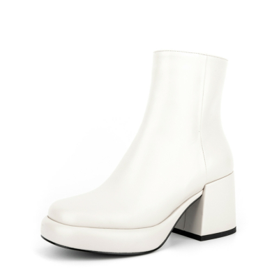 White Chunky Heel Platform Ankle Boots Almond Toe Dress Boots