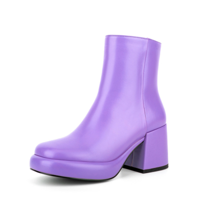 Purple Chunky Heel Platform Ankle Boots Almond Toe Dress Boots
