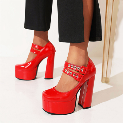 Red Chunky Heel Platform Pumps Double Strap Y2K Mary Jane Shoes