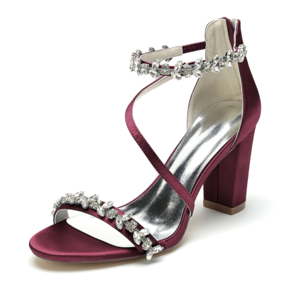 Burgundy Chunky Heel Rhinestones Cross Strap Satin Sandals Dresses Party Sandals Shoes