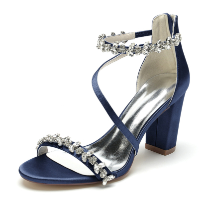 Navy Chunky Heel Rhinestones Cross Strap Satin Sandals Dresses Party Sandals Shoes