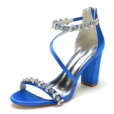 Royal Blue Chunky Heel Rhinestones Cross Strap Satin Sandals Dresses Party Sandals Shoes
