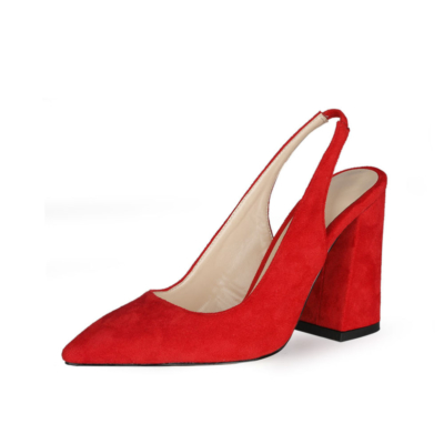 Red Chunky Heel Slingback Shoes Spring Suede Pumps for Work
