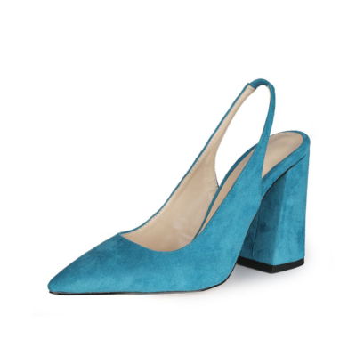 Blue Chunky Heel Slingback Shoes Spring Suede Pumps for Work