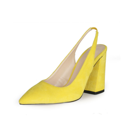 Yellow Chunky Heel Slingback Shoes Spring Suede Dress Pumps