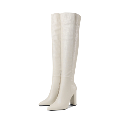 White Croc Effect Heeled Zipper Wide Calf Long Dress Boots